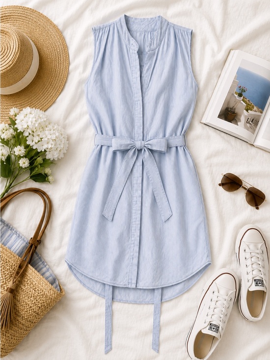 Dresses & Skirts - Bella Dahl Blue & White Striped Sleeveless Shirt Dress XS Tie Waist